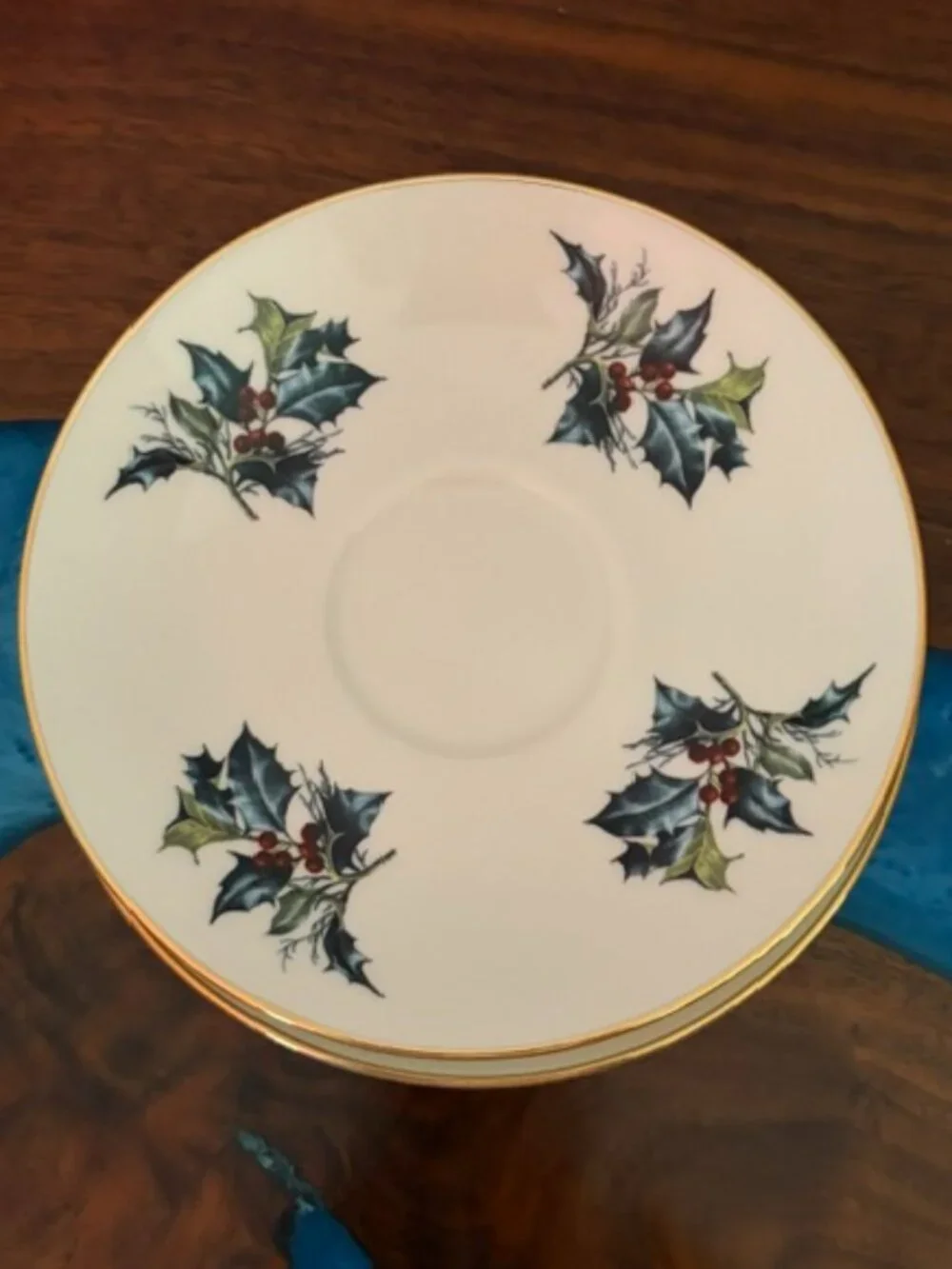 Set of 6 Vintage 1995 Lenox Winter Greetings Saucers Holly & Berries w Gold Trim